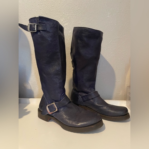 Vintage Frye Veronica Slouch Blue Leather Mid-Calf Harness Boots Size 7.5B - Picture 3 of 11